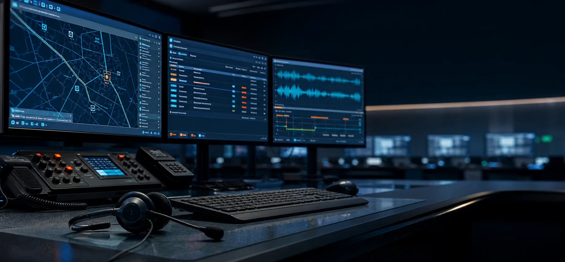 Meldkamertafel met meerdere informatieschermen